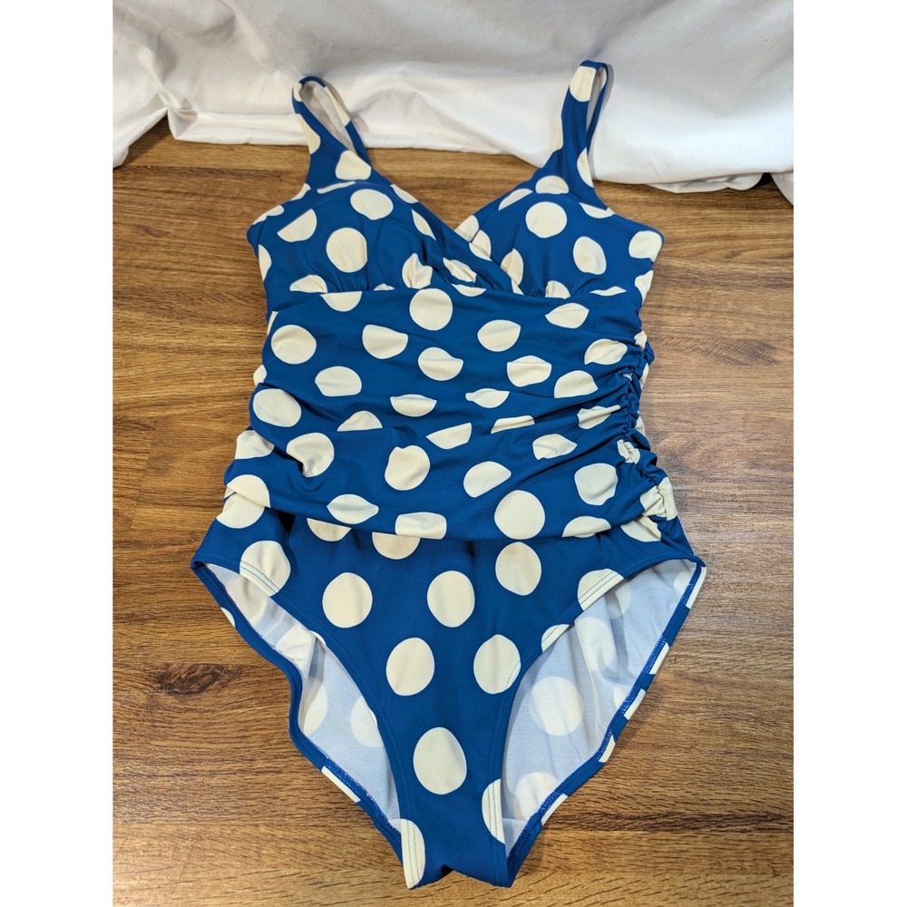 Boden Swim Suit Women's US 12L Blue/White Polka Dot One Piece Ruched